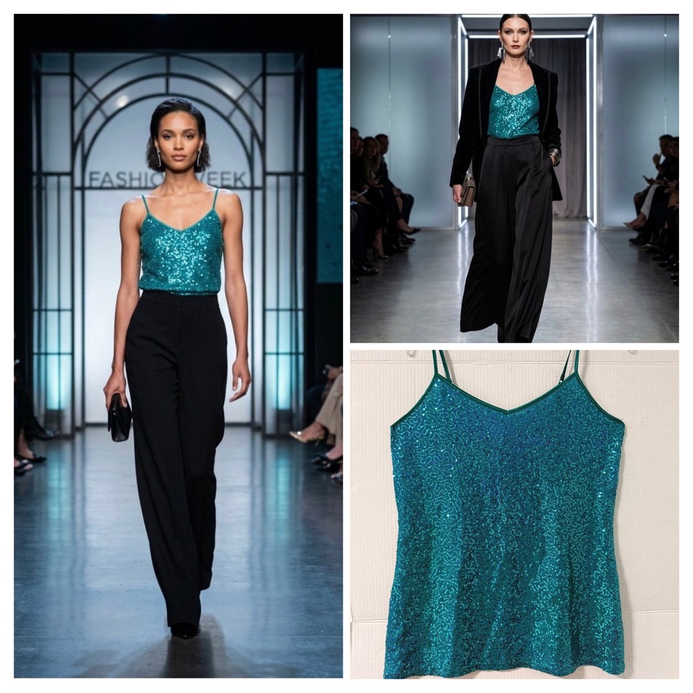 Express Sequin Camisole Top Womens L Teal V-Neck Sparkly Y2K Glam Party Chic